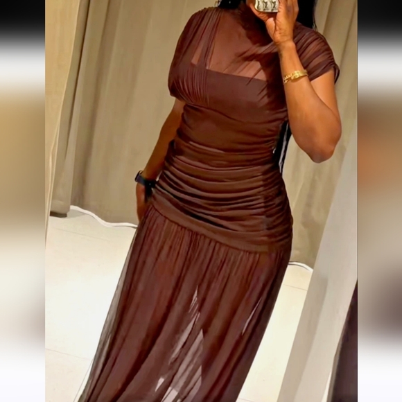 Zara Brown Draped Maxi Dress with Sheer Skirt - Picture 9 of 16